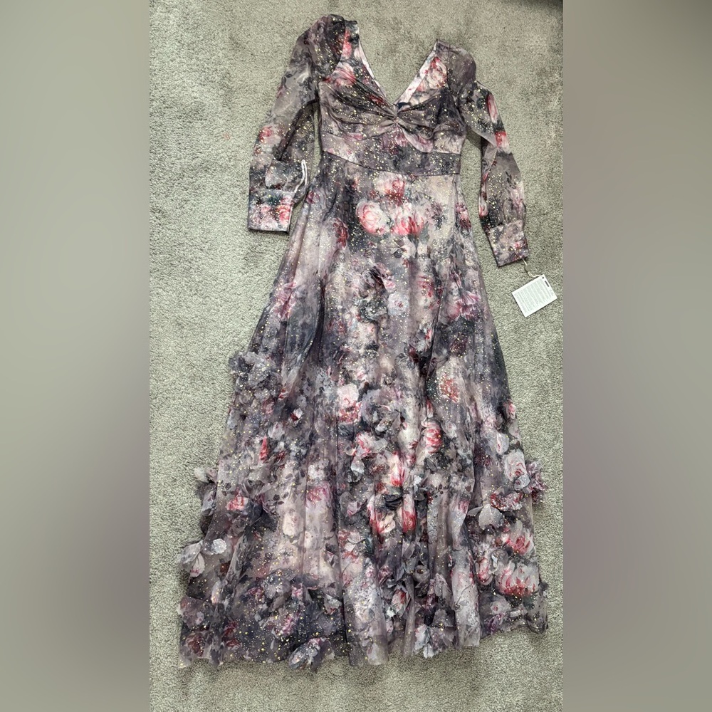 Marchesa Notte NEW Blouson Sleeve Foiled Floral Appliquéd 3D Organza Gown Sz 10 - Picture 10 of 16